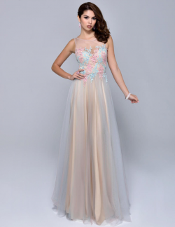 US$159.99 2016 A-line Bateau Sleeveless Appliques Zipper Tulle Floor Length