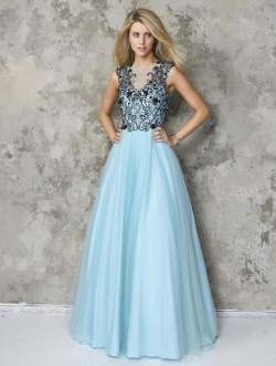 US$140.99 2016 Beads Blue A-line Sleeveless Open Back Tulle Floor Length