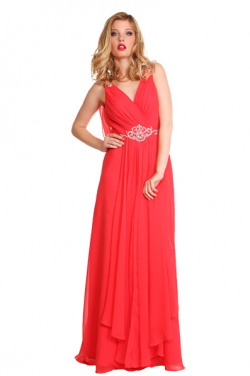 US$160.99 2016 Chiffon Ruched V-neck Red V-back A-line Sleeveless Floor Length