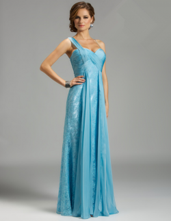 US$178.99 2015 One Shoulder Appliques Blue Chiffon Lace Ruched Floor Length