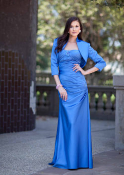 US$165.99 2015 Strapless Blue Satin Ruched Sleeveless Jacket Floor Length