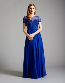 US$173.99 2015 Zipper Short Sleeves Blue Crystals Beading Chiffon Tulle Floor Length