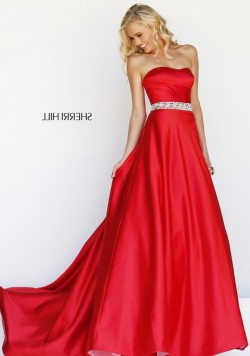 Sexy Red Satin Beaded Waist Cheap Sherri Hill 21276 Strapless Dresses Sale [Sherri Hill 21276 Re ...