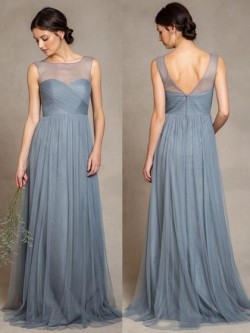 Discounted Scoop Neck Tulle Ruffles Sweep Train Bridesmaid Dress in UK