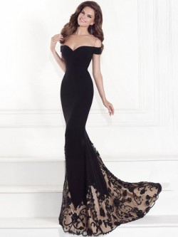 Off-the-shoulder Black Tulle Silk-like Satin Appliques Lace Trumpet/Mermaid Prom Dresses in UK