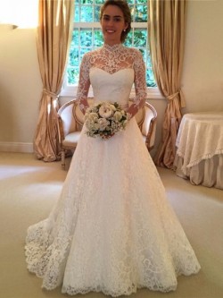 Open Back A-line High Neck Lace Sweep Train Sashes / Ribbons Long Sleeve Wedding Dresses in UK