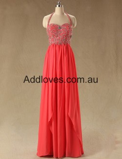 Fabulous A-Line Halter Watermelon Long Prom Dresses at addloves.com.au