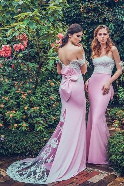 Pink Sheath Brush Train Off Shoulder Appliques Bridesmaid Dress – Ombreprom