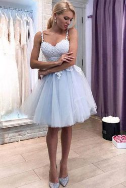 Sweetheart Straps Appliques Tulle Knee Length Homecoming Dress M475 – Ombreprom