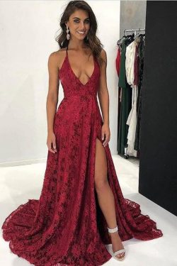 Gorgeous Lace Appliques Spaghetti Straps V Neck With Split Prom Dress P656