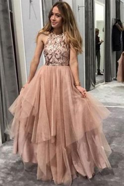 Gorgeous Round Neck Sleeveless Tulle With Sequins Prom Dress P671
