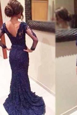 Stunning Long Sleeves V Neck Open Back Lace Long Prom Dress P669