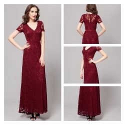 Red Prom Dresses Online UK , Cheap v Neck Lace Gowns for Party