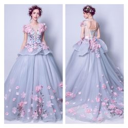 Light Blue Princess Formal Dresses V Neck Stylish Ball Gowns Lotus Leaf Lace with Floral Design