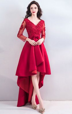 Cheap Lace and Satin High Low Red Formal Dresses for Graduation Gowns
