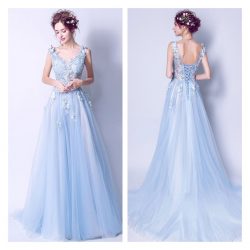 V Neck Formal Dresses,Floor Length Evening Gowns for Blue Wedding Theme