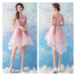 Pink Formal Dress Australia-High Low Off Shoulder Homecoming Dress for Girls