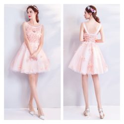 Short Round Neck Pink Formal Gown for School Party