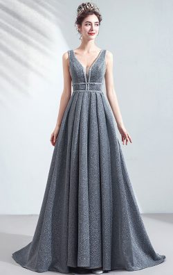 A line Grey Formal Dress Sleeveless Big Swing Evening Gown Full Length Formal Wear