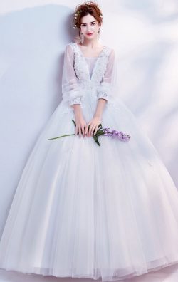 Long Sleeve White Formal Dress V Neck Wedding Gown Online 2021-2022