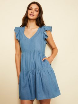 Linen Blend Danielle Frill Sleeve Dress Chambray – Dotti Online