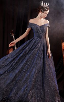 Formaldressau Off the Shoulder Navy Blue Sparkly Formal Dress Online in Australia