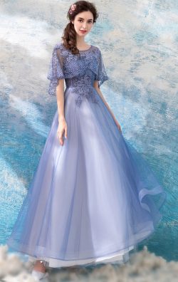 Round Neck A line Organza Blue Formal Evening Gowns in 2022-2023