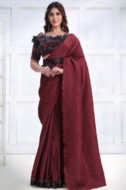 Maroon Luxe Fabric Embroidered Bordered Saree with Belt