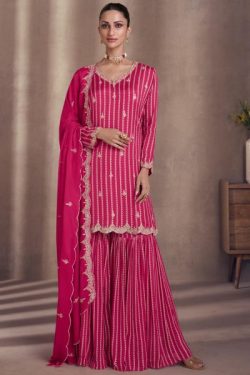 Fuchsia Pink Chinon Silk Printed Embroidered Sharara Kurta Set for Eid