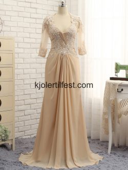 Champagne V-hals Chiffon Kjoler Til Brudens Mor – Kjolertilfest.com